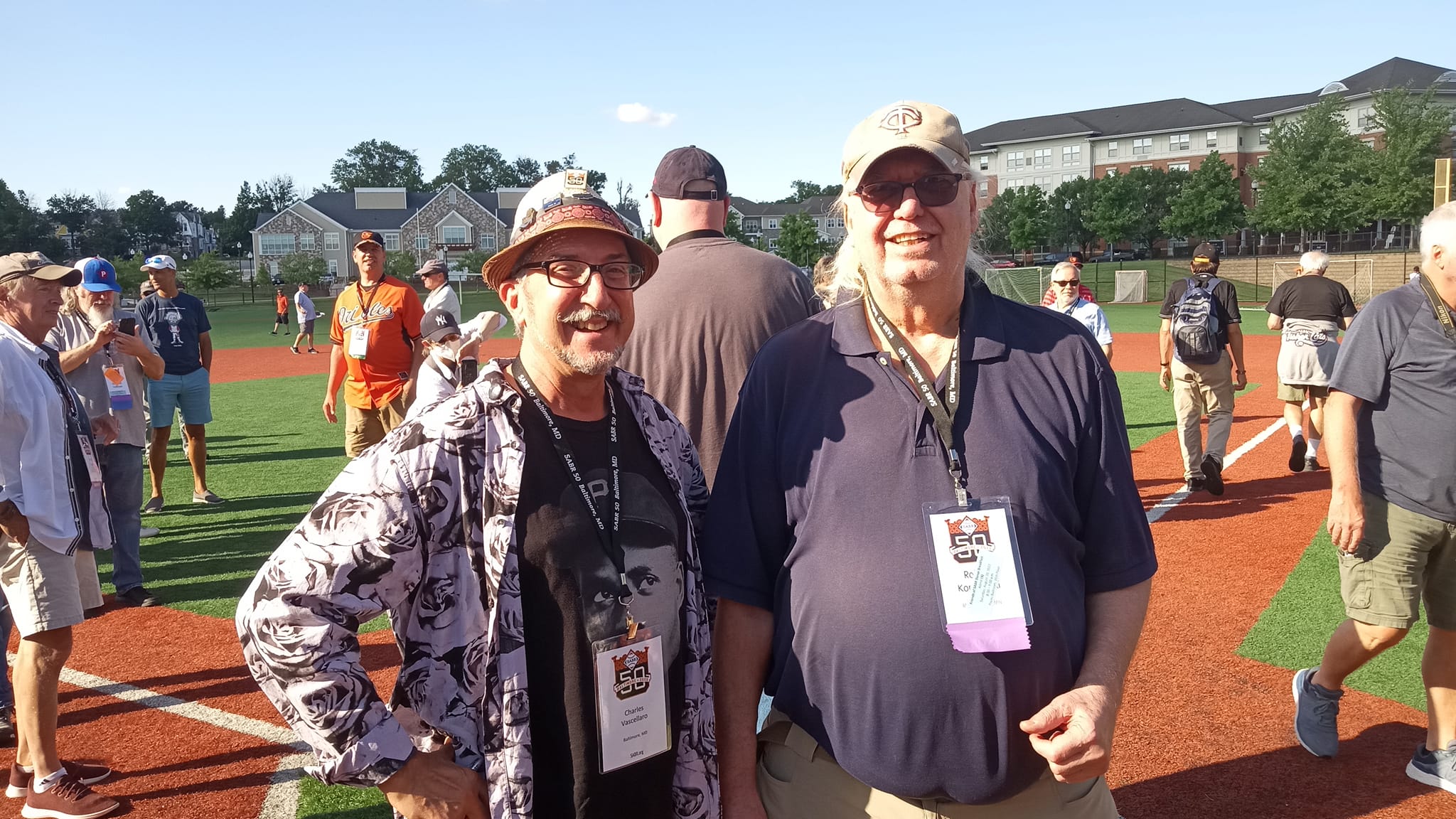 Charlie Vascellaro and Bob Komoroski on site of home plate at Memorial Stadium