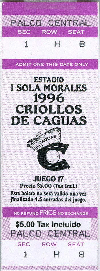 Ticket stub from December 1996 game in Caguas