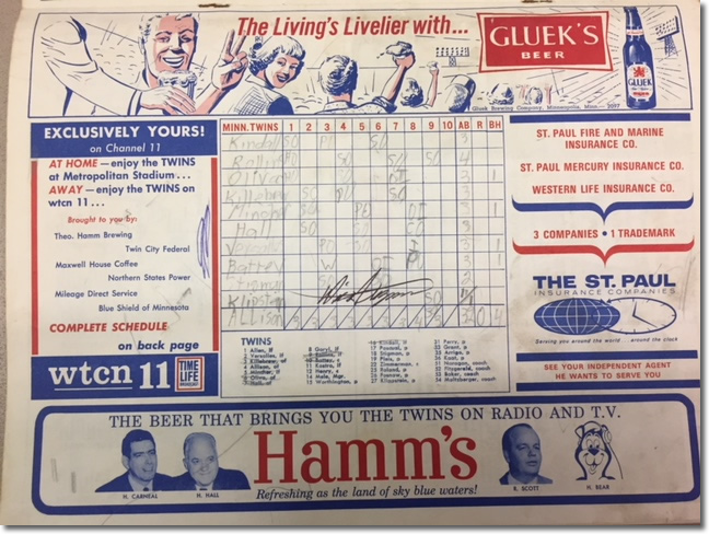 Scoresheet of September 2, 1964 Baltimore at Minnesota game